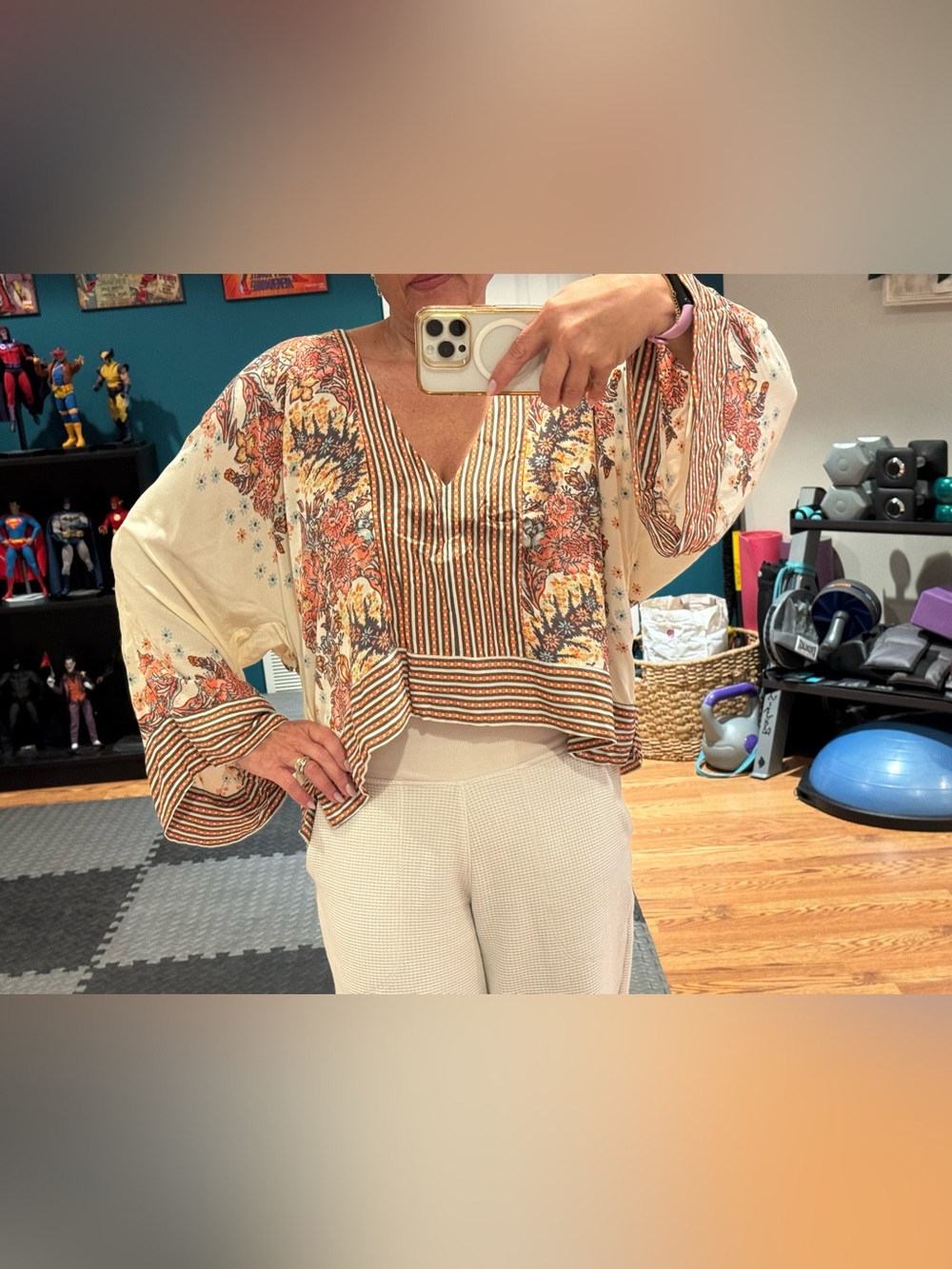 Free People Cream Floral Boho V-Neck Tunic